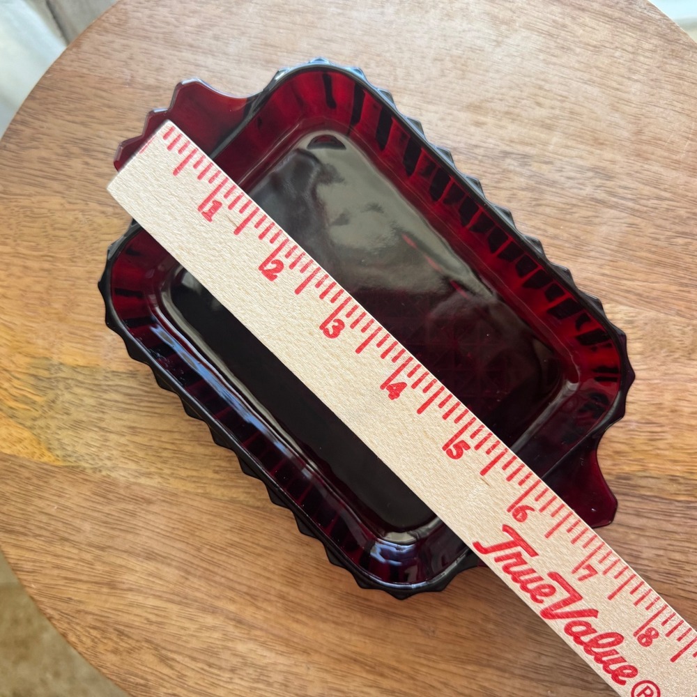 Vtg 1940's Anchor Hocking Royal Ruby Red Glass Rectangular Ribbed Relish Dish - Picture 5 of 6
